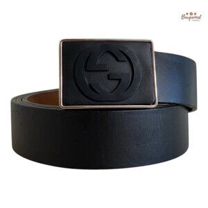 Authentic Gucci Black Calfskin Leather Interlocking G Plaque Buckle Belt 105/42